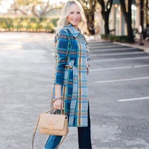 CAbi Plaid Belted Trench Coat in Blue, Green, Tan